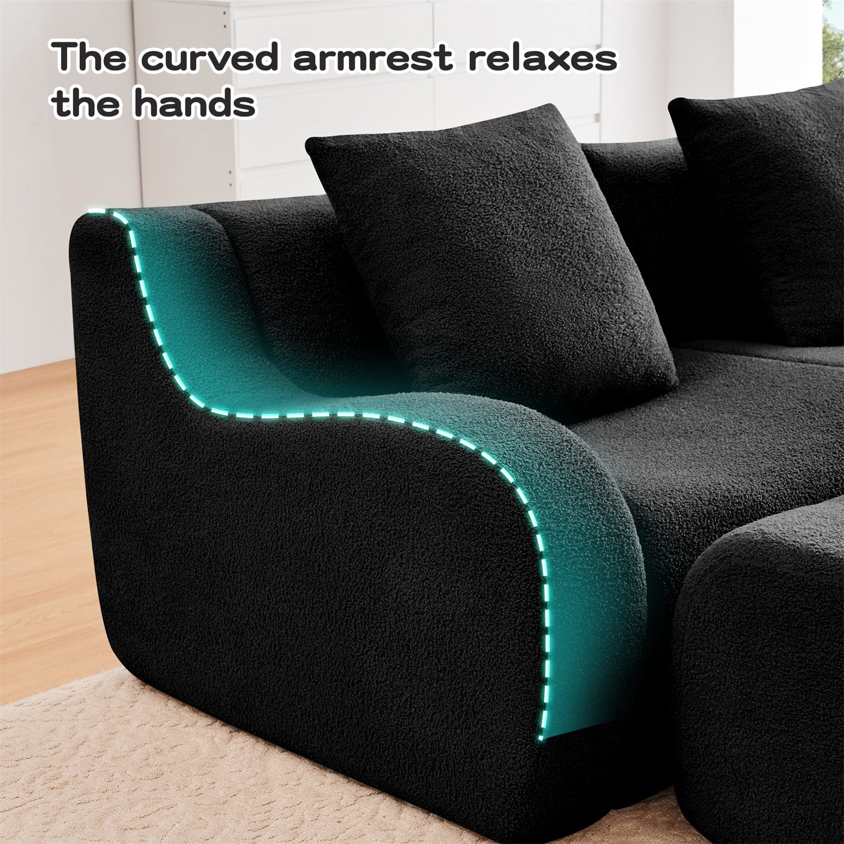Alvantor Sectional Sofa with Reversible Ottoman U-Shaped 148" W 4-Seater Teddy Boneless Couch Modern Deep Seat Cloud Sofa for Living Room Black