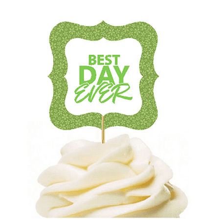 12pack Best Day Ever Mint Green Flower Cupcake Desert Appetizer Food Picks for Weddings, Birthdays, Baby Showers, Events &