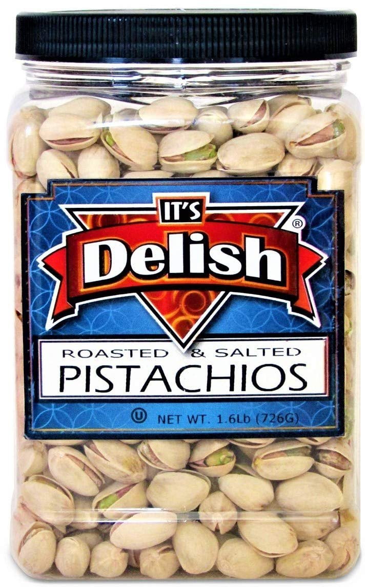 Gourmet Roasted Salted Pistachios with Sea Salt by Its Delish, 1.6 LBS Jumbo Reusable Container Jar - Bulk Style, Fresh & Crunchy Dry Roasted Pistachio Nuts in Shell with Salt - Great Kosher Snack
