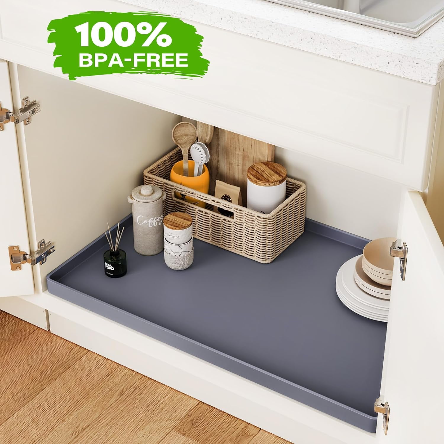 RGHJAR-Waterproof Under Sink Mat 34" x 22" Shelf Liner for Kitchen and Bathroom, Cabinet Protector, Organizers and Storage, Flexible Silicone Drip Tray