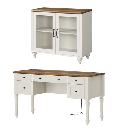 White Home Office Furniture Set, 56" Executive Desk with Charging Station, Farmhouse Cabinet with Glass Doors, Wood Computer Desk with File Cabinet Storage, Open Shelf