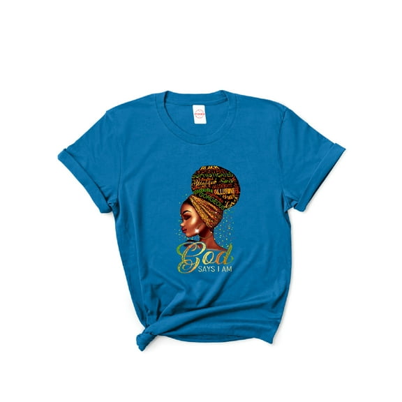 God Says I Am Women's Blue Short Sleeve Graphic T-Shirt, X-Large