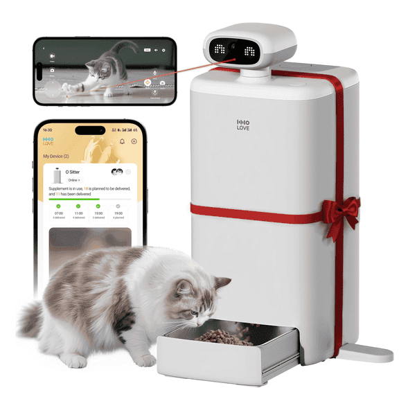 HHOLOVE Automatic Cat Feeder with Camera AI-Powered, 2k HD Video Night Vision, 5G/2.4G Wi-Fi Programmable, 2-Way Audio, Low Food Alert, Blockage Sensor, 1-Year Subscription Version