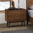 thumbnail image 3 of Walnut Finish 4pc Bedroom Set Full Size Bed Dresser Mirror Nightstand Casual Beige Fabric Panel Upholstered HB, 3 of 10