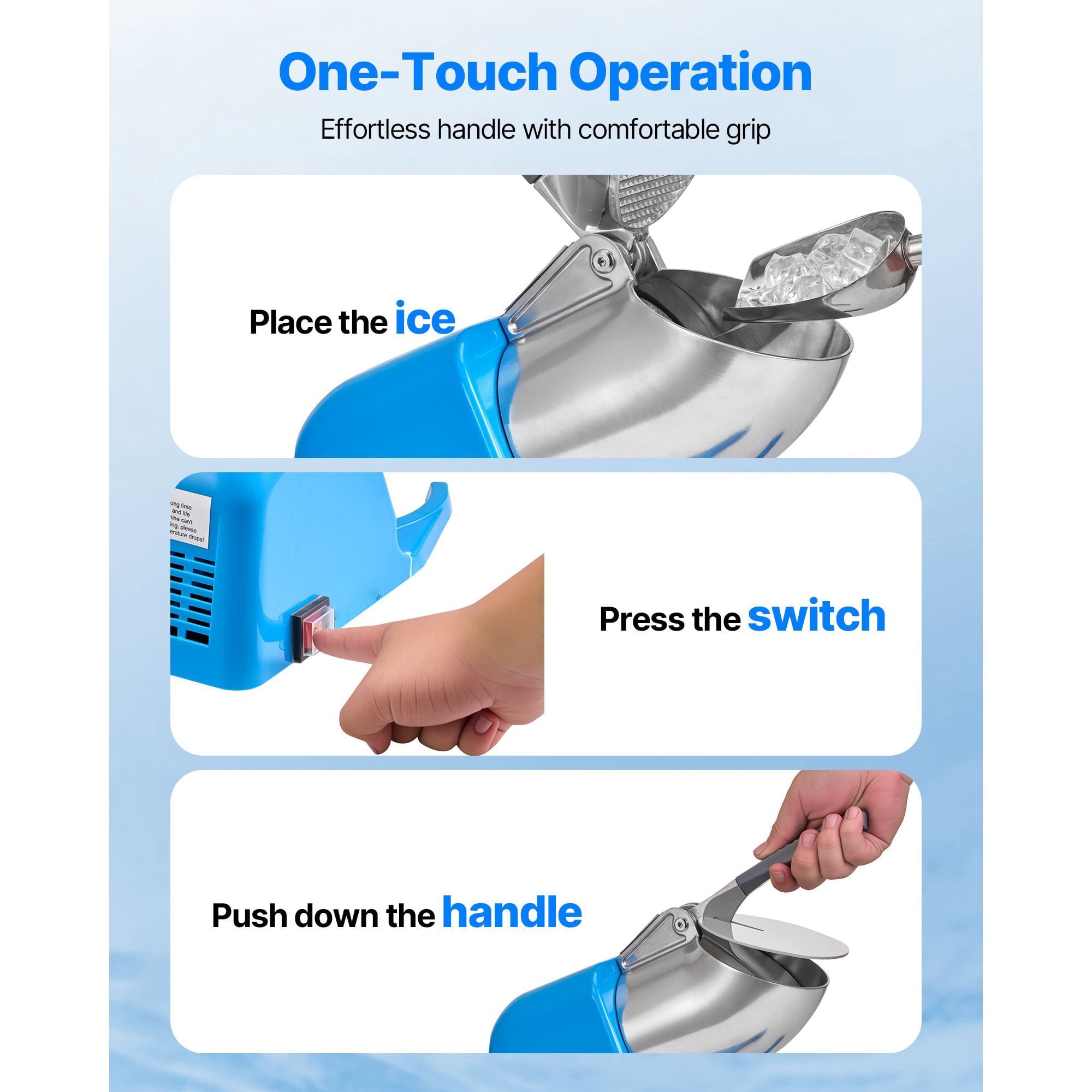 Ice Crusher Machine 286 lbs/h, 300W, 4 Stainless Steel Blades, 2000 RPM, Blue, for Home Commercial Shaved Ice Snow Cones