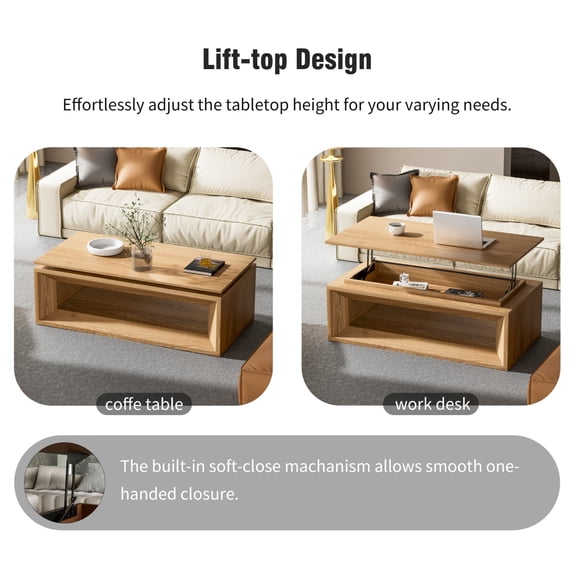 43.3'' Lift-top Coffee Table Solid Wood Veneered Modern Coffee Table Accent Tea Table with Storage and Adjustable Height for Living Room, Bedroom, Apartment or Office, Natural Wood