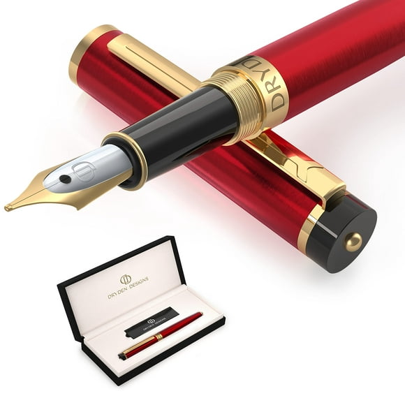 Dryden Designs Fountain Pen Medium Nib | Fancy Gift box - Include 6 Ink Cartridges and Ink Refill Converter | Smooth Looks, Consistent Writing, Reliable Writing Tool - Royal Red