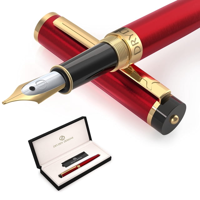 Dryden Designs Fountain Pen Medium Nib | Fancy Gift box - Include 6 Ink Cartridges and Ink Refill Converter | Smooth Looks, Consistent Writing, Reliable Writing Tool - Royal Red