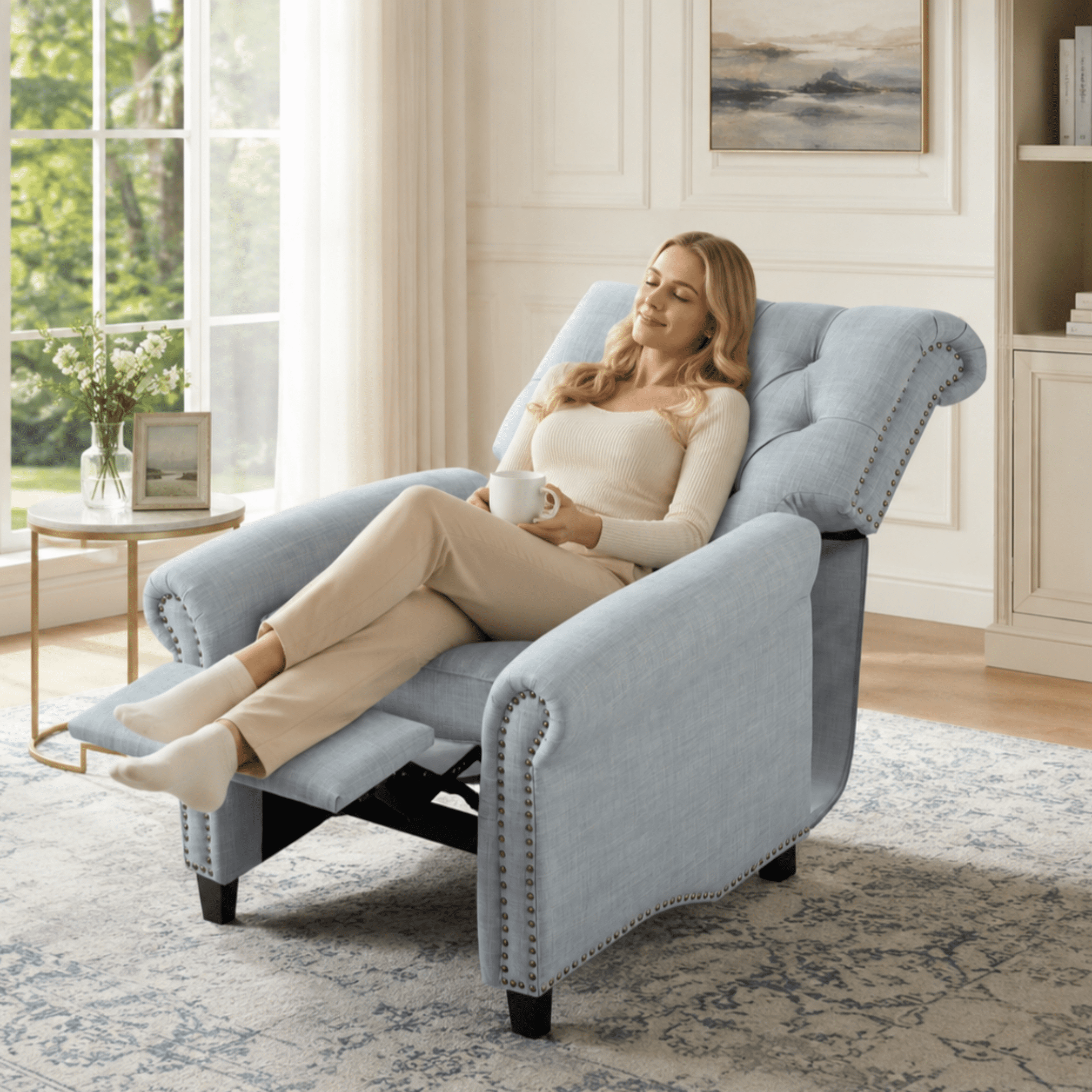 BSHTI Pushback Recliner Chair Linen Upholstered Armchair for Living Room Home Theater, Manual Single Sofa with Nailhead Trim, Rolled Arms, Wood Legs, Adjustable Footrest(Blue)