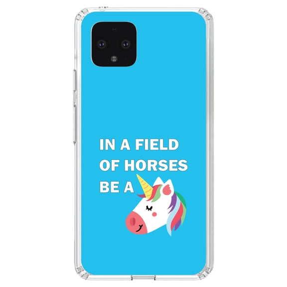 DistinctInk Clear Shockproof Hybrid Case for Google Pixel 4 (5.7" Screen) - TPU Bumper, Acrylic Back, Tempered Glass Screen Protector - In a Field of Horses, Be a Unicorn - Blue