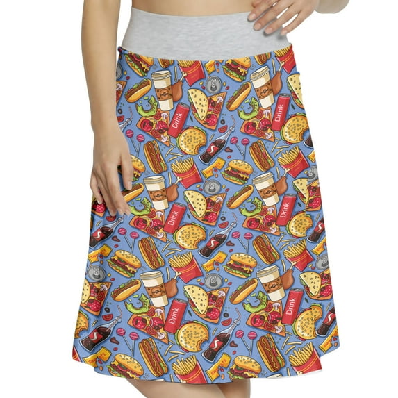 Women's Fast Food Junk Food Burgers Pizza A-line Printed Skirt Casual Wear, M, Ceil Blue and Multicolor, by Ambesonne