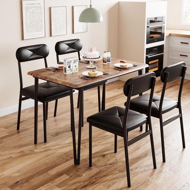 Dining Table Set for 4, Kitchen Table Chairs Set of 4, Industrial Dining Room Table Set with 4 Upholstered Chairs, 5Pcs Dining Table Set for Small Place, Apartment, Rustic Brown