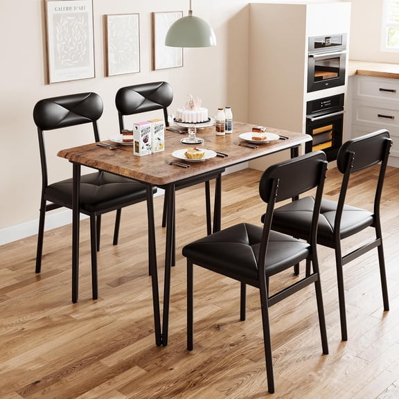 Dining Table Set for 4, Kitchen Table Chairs Set of 4, Industrial Dining Room Table Set with 4 Upholstered Chairs, 5Pcs Dining Table Set for Small Place, Apartment, Rustic Brown