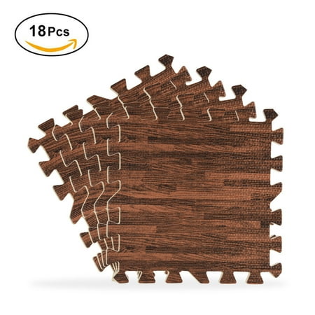 Yoga Mat Hardwood Floor 18pcs 30×30cm Wood Grain Floor Mat 0.4 inch Thick Interlocking Flooring Tiles with Borders for Exercise Fitness Gym Soft Yoga Trade Show Play Room(Deep Wood Grain) ()