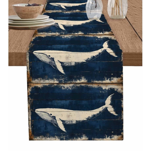 Ocean Whale Blue Table Runner 48 Inches, Summer Coastal Vintage Wood Grain Bed Runner Dresser Scarves Tabletop for Indoor Outdoor Parties/Ceremony/Banquet, 13" x 48"
