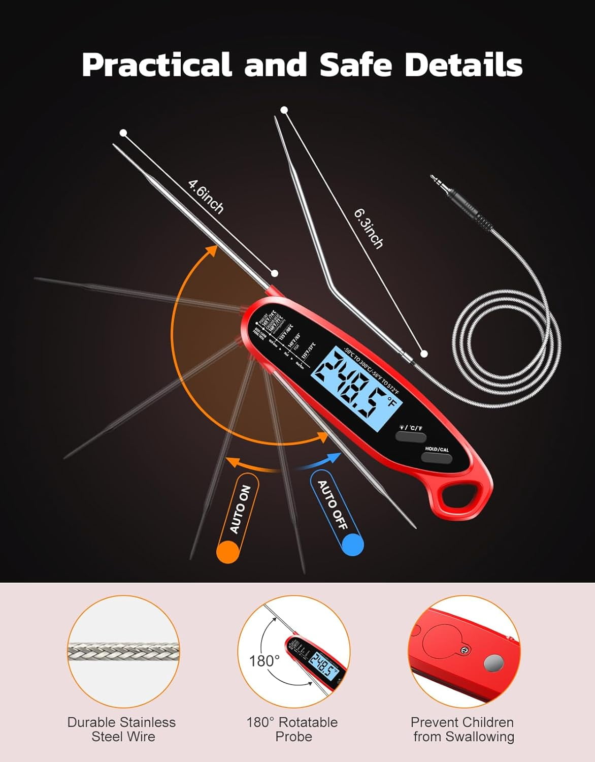 Instant Read Meat Thermometer Digital with Dual Probe, Food for Cooking & Grilling, Large Backlit Calibration, Kitchen/Oven/Grill/Smoker/BBQ/Oil/Fry, Fathers Day Gift Dad