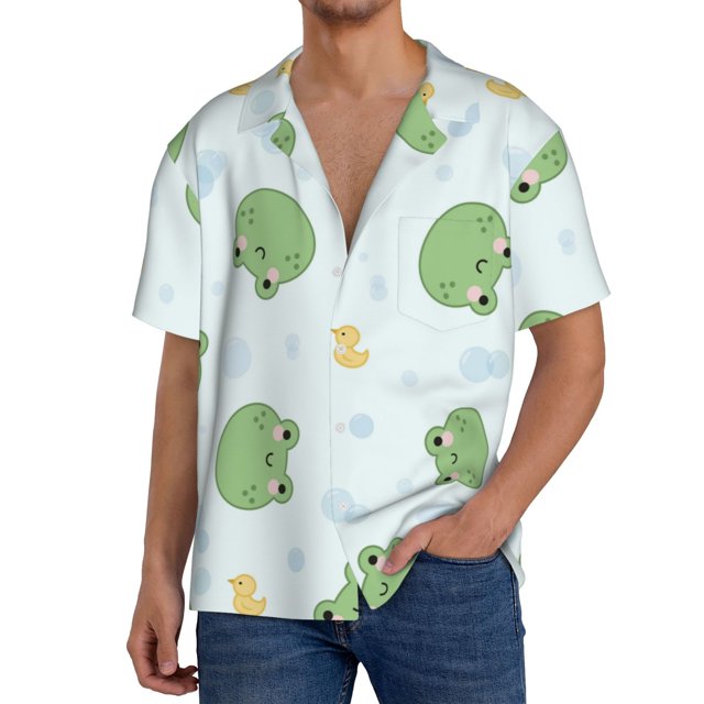 Fotbe Kawaii Frogs Camisa Estampada de Manga Corta para Hombre, Casual de Verano, Estilo Playero, Sin Arrugas-3X-Large