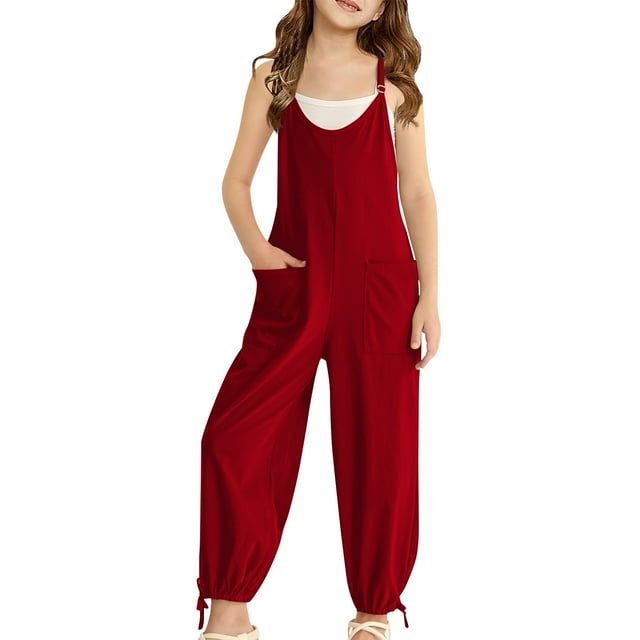 cfhntfmh Combinaison Fille Mode Col Rond Sans Manches Bretelles Réglables Tenues Décontractées pour Enfants 5-14 Ans