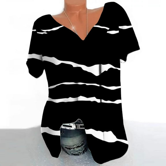 qucoqpe Womens Plus Size Summer Tops Fashion Striped Printed V Neck Short Sleeve Ruched Tunic Blouse Casual Loose T Shirts for Women