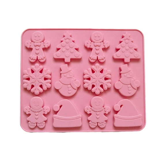 Anvazise Christmas Silicone Mold 12 Cavities Snowman Tree Hat Cookie Man Non-stick Food Grade Easy Release DIY Fondant Chocolate Candy Biscuit Jelly Ice Cake Baking Mold Pink