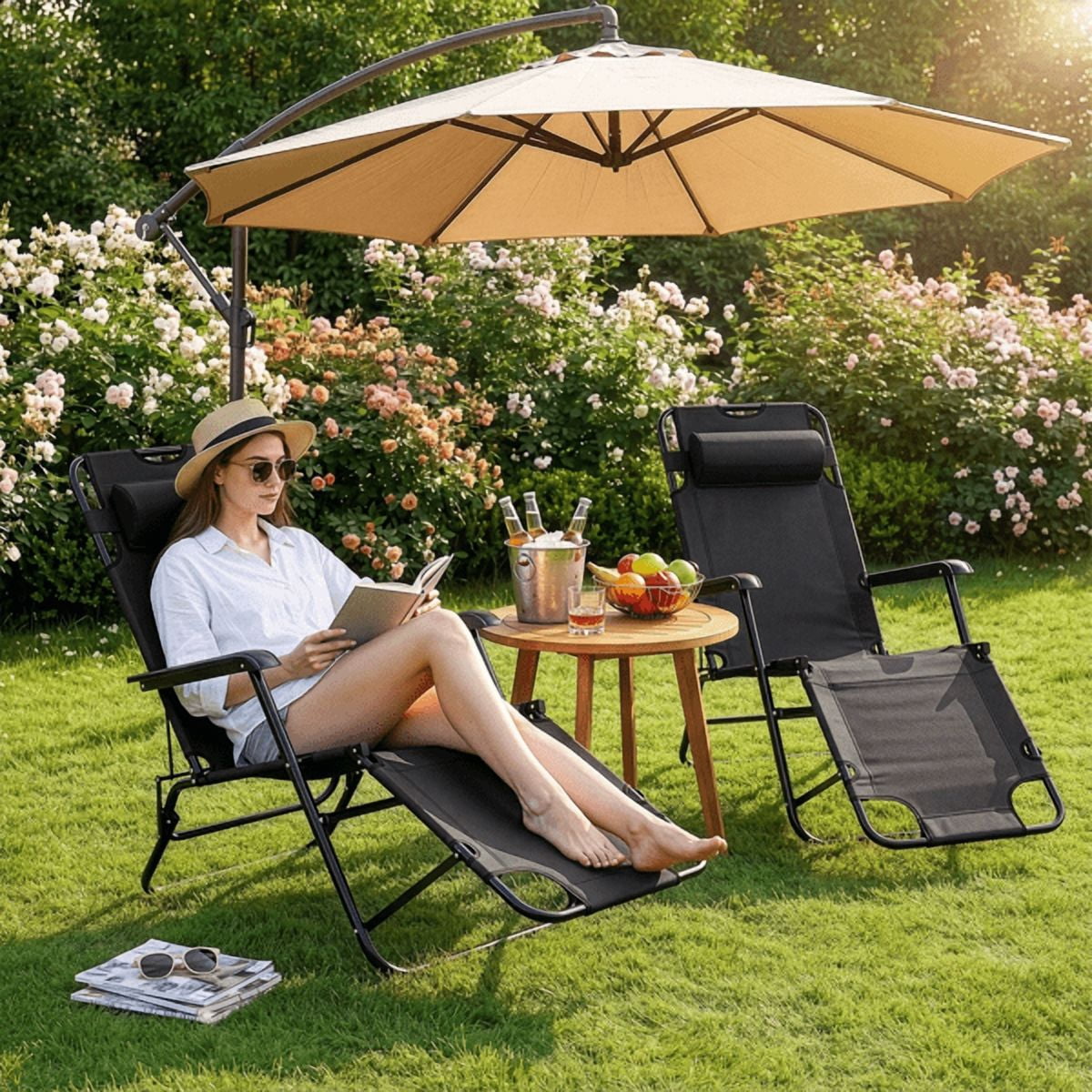 Folding Recliner Chair, Portable Extendable Folding Reclining Chairs for Indoor Outdoor, Black
