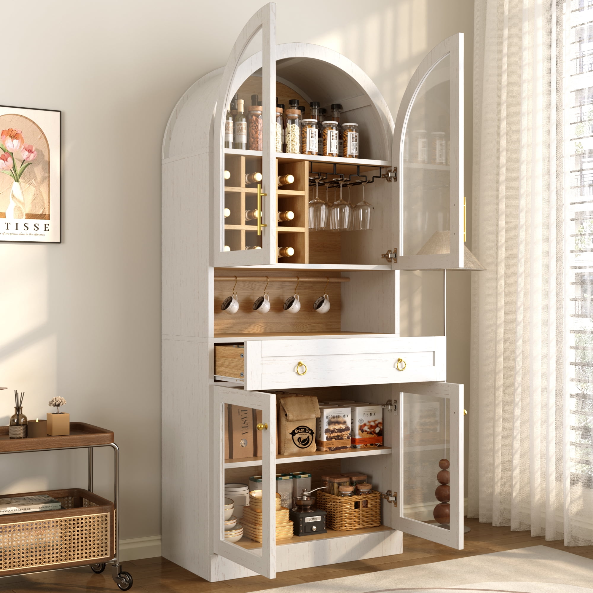 Euroco 70" Tall Arched Bar Cabinet, Mid-Century Coffee Bar Cabinet with Glass Holders,Wine Racks,Adjustable Shelf & Storage Drawer,Kitchen Pantry with Glass Doors,Wine Liquor Cabinet for Home,White