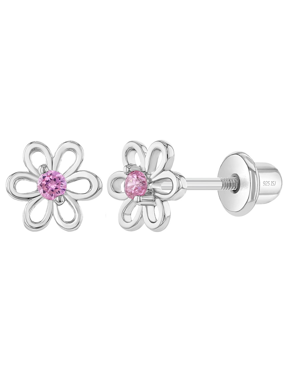 925 Sterling Silver with a Pink Tone Enamel  Flower with Heart Details about   Kids Earrings 