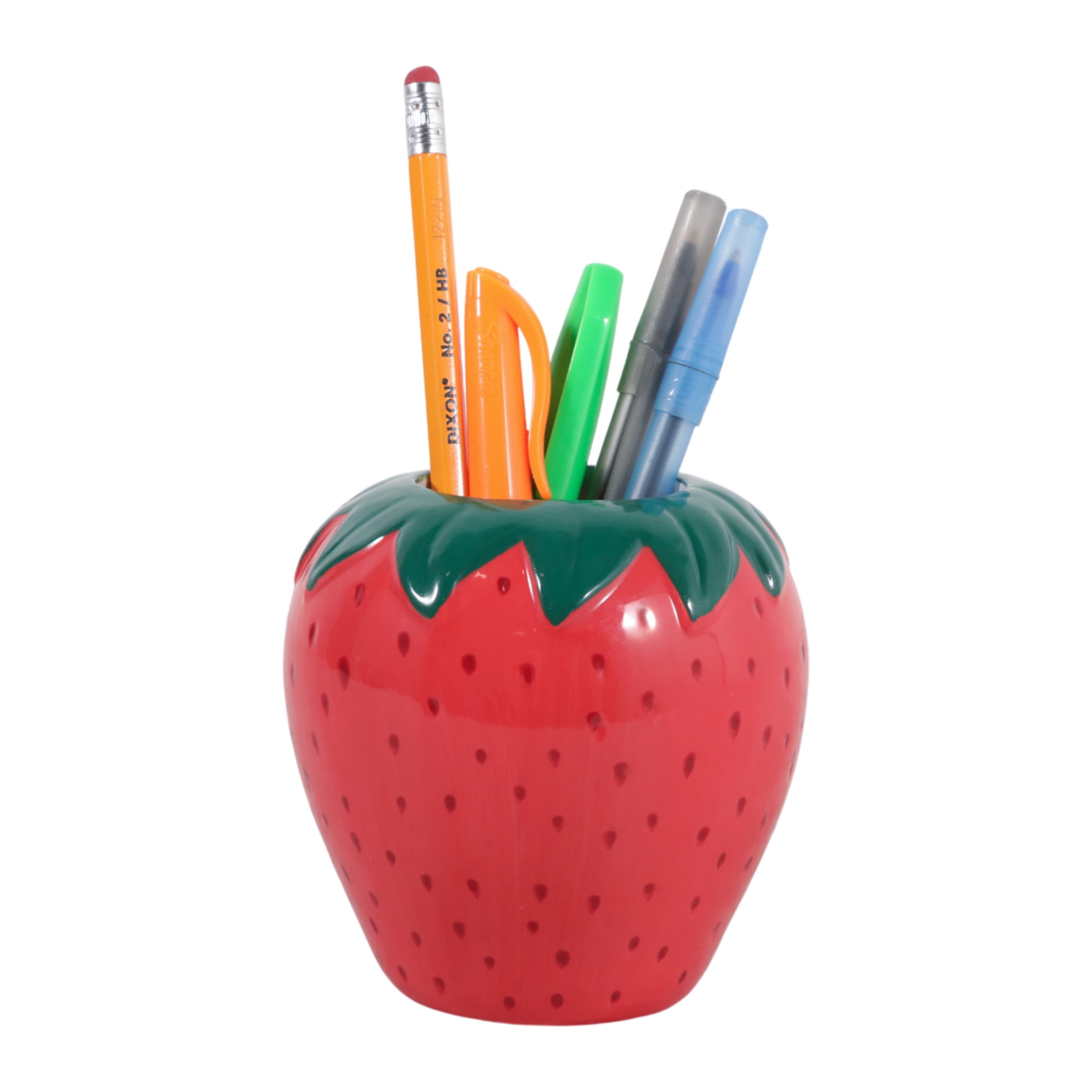 Decorative Ceramic Strawberry Pencil Cup for Desk Organization - Small Desktop Office Storage Organizer for Workspace Decor - Modern Desk Accessory for Home Decor Display - 4", Red & Green
