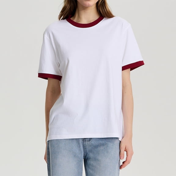 YHAJDS Women's T Shirts Cotton Color Contrast Round Neck Short Sleeve Loose Tee Spring Summer
