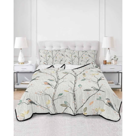 Quilts Queen Size Vintage Botanical Soft Comforter Bedding Set for Bed Birds Branch Watercolor Leaf Lightweight Quilted Bedspread with Pillow Cover(2 Pieces) for All Season 90x96 Inch