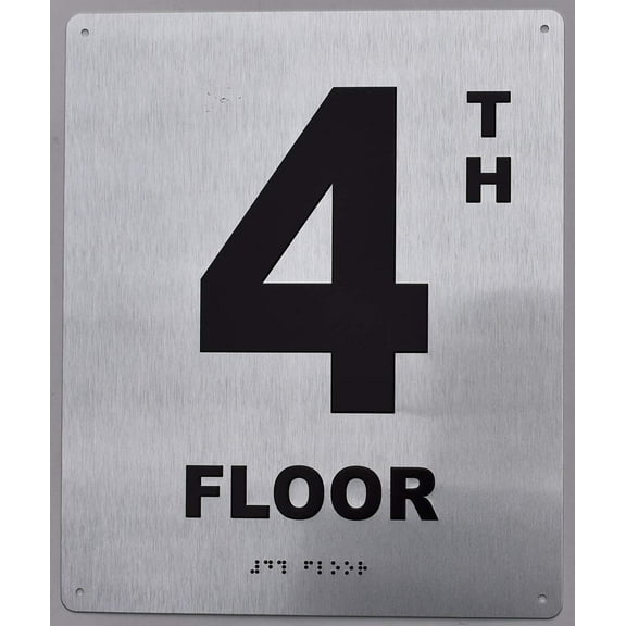 4TH Floor Sign - Floor Number Sign- Tactile Touch Braille Sign (Aluminium !!, Brush Silver,Size 10X12)- The Sensation line(ref-2022-4)