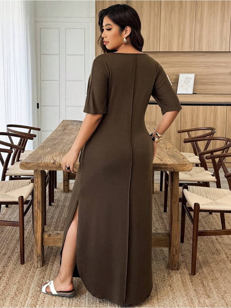 casual knit maxi dresses /// Plus Size Women V-Neck Dual Pocket Ruched Slit Hem Casual Knit Maxi Dress Spring Summer, Women's, Size: 1XL, Brown