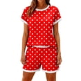 thumbnail image 3 of Sewkxo Two Piece Sets for Women Polka-Dot Summer Crew Neck Lounge Short Sets Shorts Sleeve Drawstring Sweatsuit with Pocket,Red L, 3 of 5