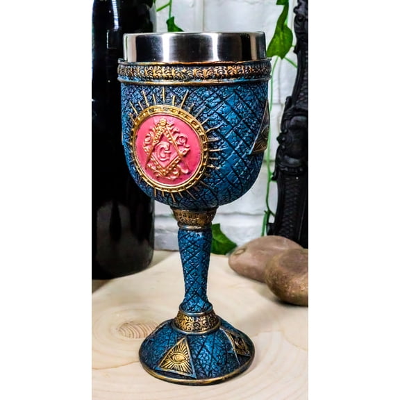 Ebros Masonic Square and Compasses Wine Goblet 7" Height Stainless Steel Liner