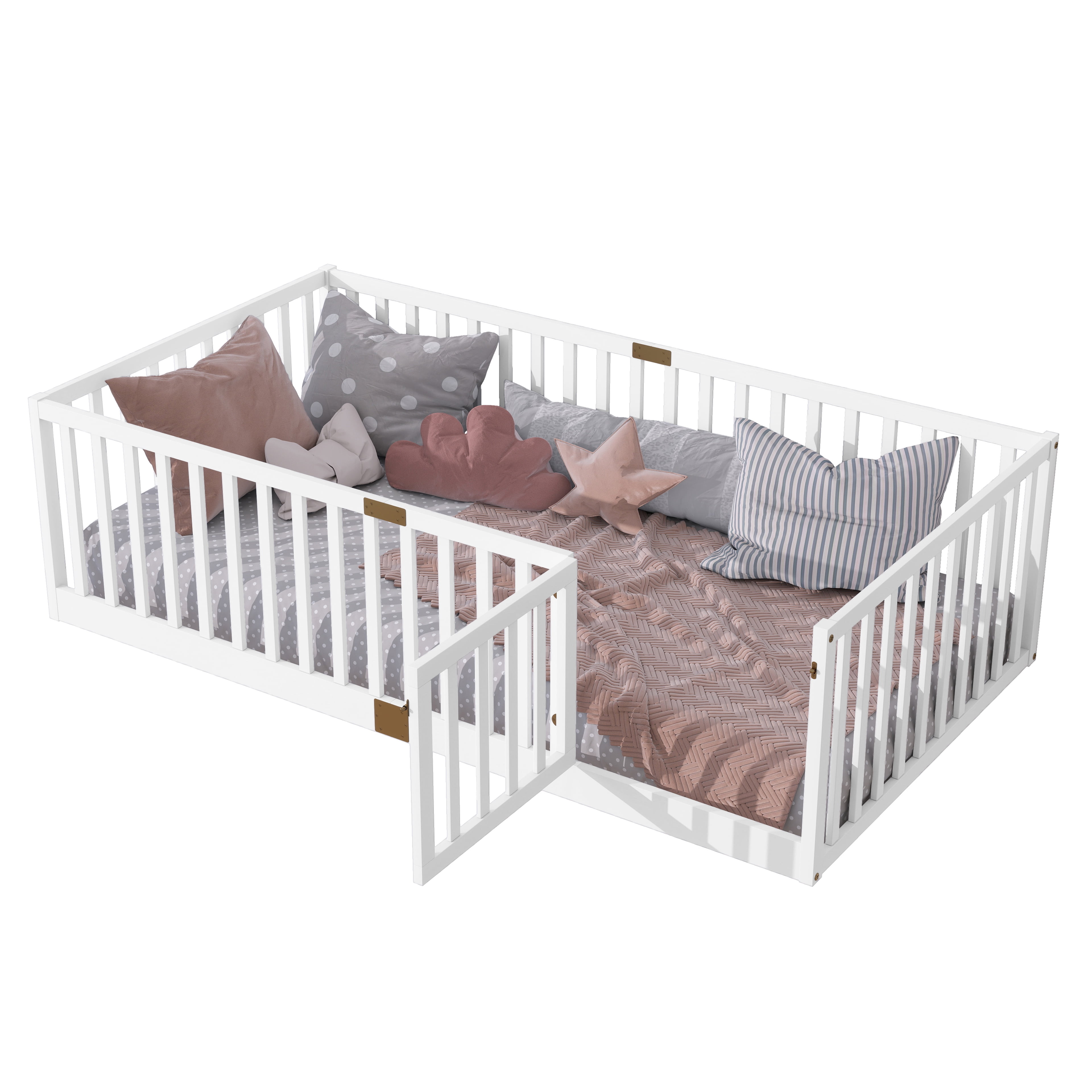 Sesslife Twin Size Floor Bed with High Fence & Door, Wood Twin Bed Frame with Salts and 21.5” Safety Guardrails, Twin Floor Bed for Boys Girls, No Box Spring Needed, White