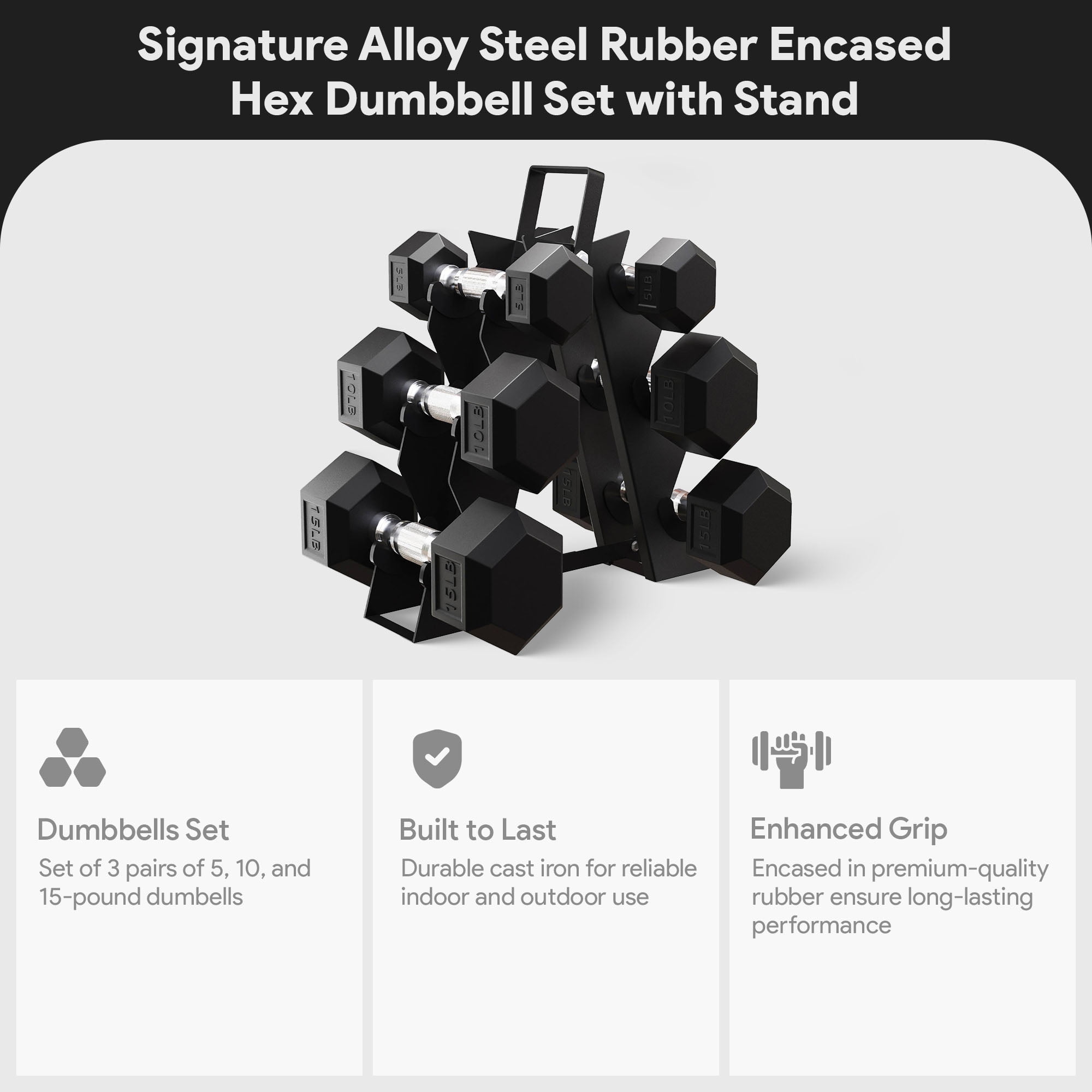BalanceFrom 60 lb Rubber Coated Iron Dumbbell Hex Weights Set with A-Frame Rack, Black