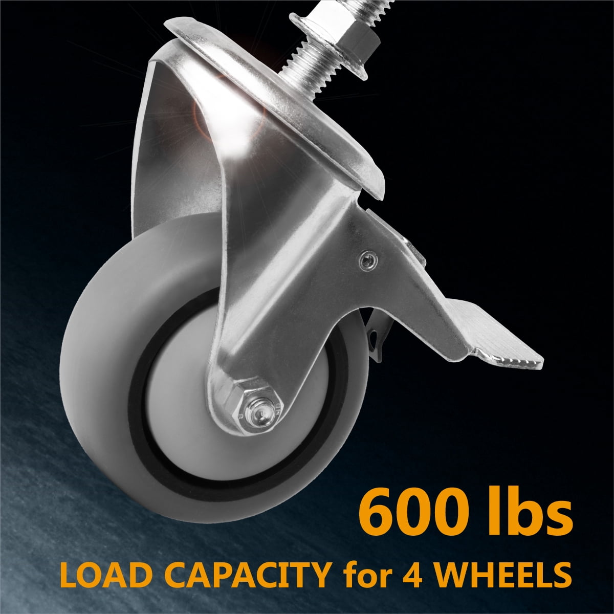 POWERTEC 4PK 3" Threaded Stem Caster Wheels with Brake & 600lbs Loads, Heavy Duty 1/2"-13 x 1-3/8" Stem Casters, Dual Locking TPR Rubber Castor Wheels for Furniture, Cart, Dolly & Workbench, 17201