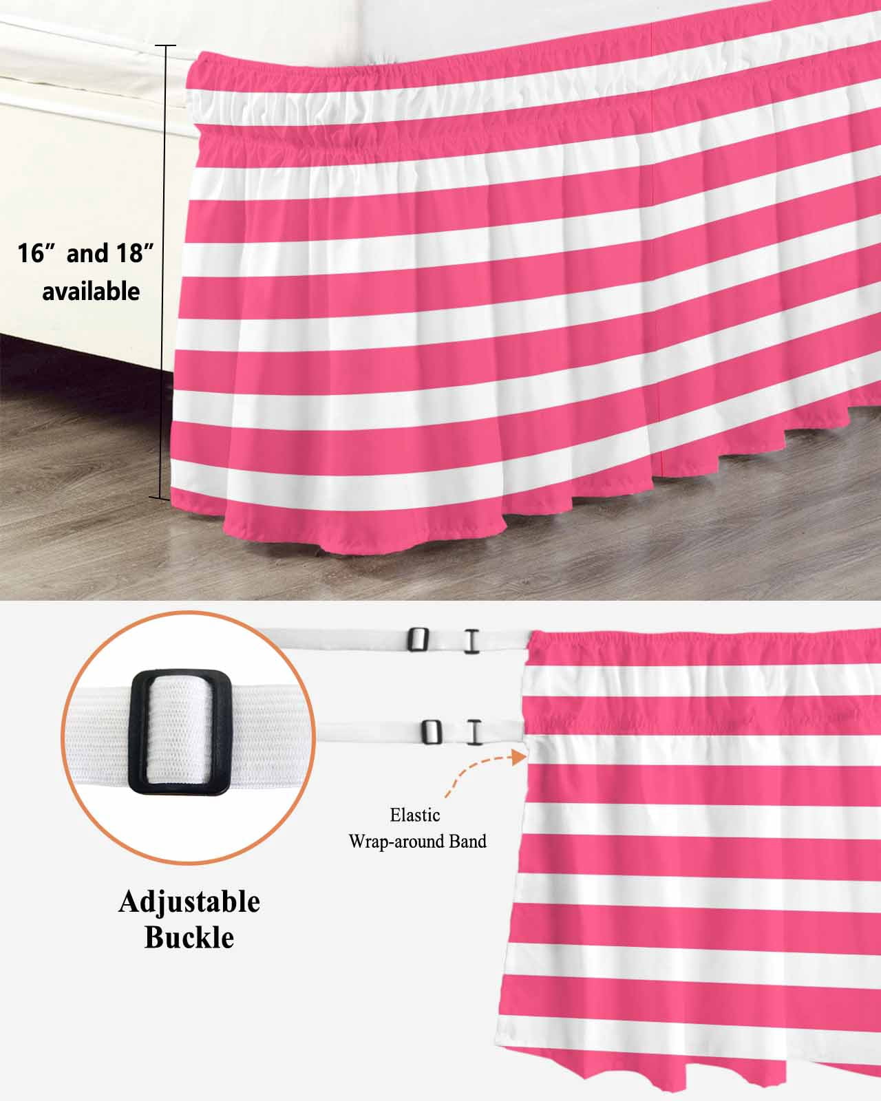 Pink Striped Wrap Around Bed Skirts for King Bed 18" Drop,Bed Skirt with Adjustable Elastic Belt Dust Ruffle Bed Valance for Bedroom Hotel Modern Simple Monochrome Geometric White Bed Frame Cover