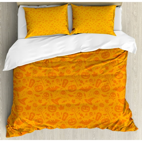 Halloween Duvet Cover Set Queen Size, Monochrome Design with Traditional Halloween Themed Various Objects Pumpkin Bat Print, Decorative 3 Piece Bedding Set with 2 Pillow Shams, Orange, by Ambesonne