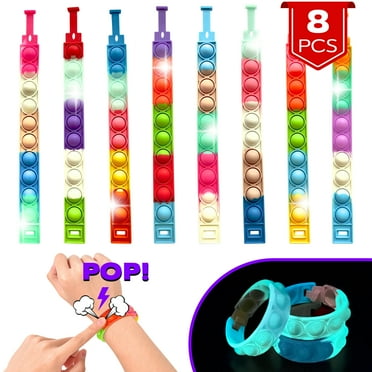8 PCS Fidget Bracelets Pop it Toy, Glow in The Dark, Rainbow Party Favors, Anti-Anxiety Stress Relief Wristband Set, Push Bubbles Sensory Autistic Pack Kids Ages 5 8 12 Toddler Adult Student Gift