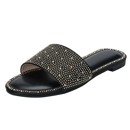 

Youmylove Women Slip On Flat Sandals Casual Bling Rhinestone Strap Sandals Open Toe Slide Sandals Women Summer Comfy Daily Simple Walking Footwears