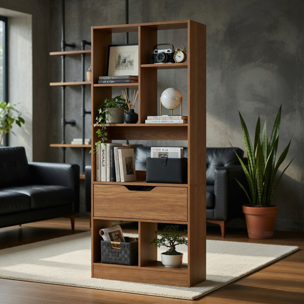 GVN 51inch Tall Freestanding Bookcase 7-Cube Storage Organizer with Drawer Multi-Use Open Shelves for Home Office Study Living Room Books Decor Display, Natural