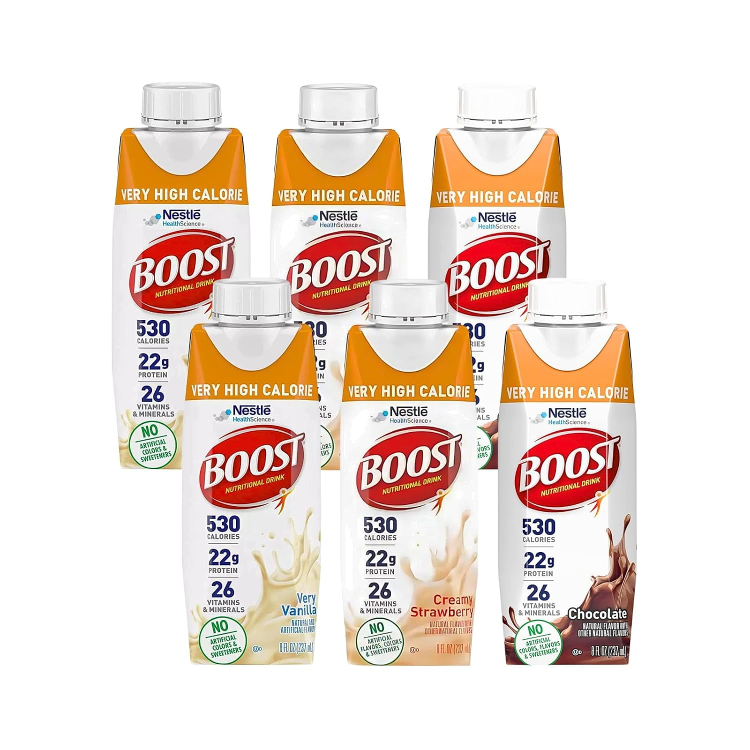 Boost Very High Calorie Nutritional Drink Variety Pack, 2 Vanilla, 2 Strawberry, 2 Chocolate