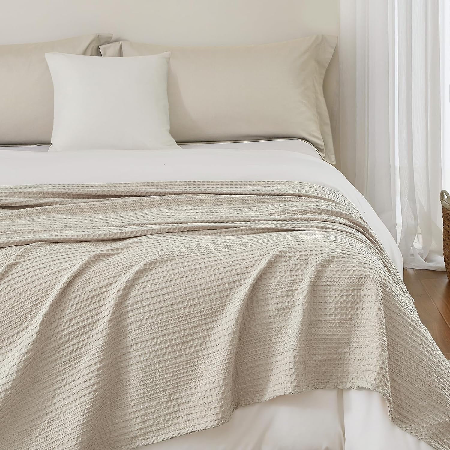 PHF Ultra Soft Waffle Weave Blanket King Size for Bed, Lightweight and Breathable Blanket, Perfect for Hot Sleepers, 104"x 90", Natural