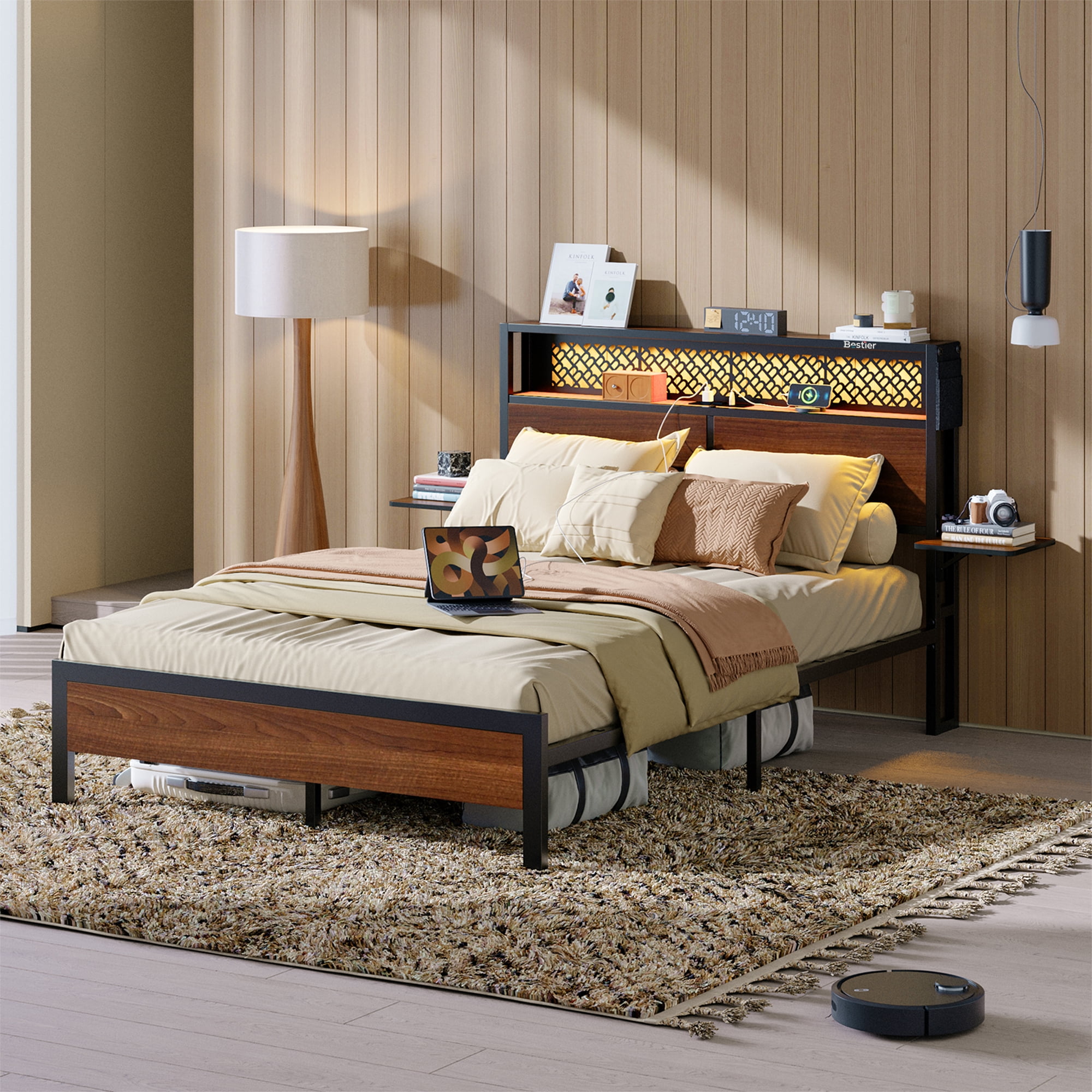 Bestier Full Size Platform Bed Frame with Wood Foldable Bedside Shelves and LED Storage Headboard Charge Station, Walnut