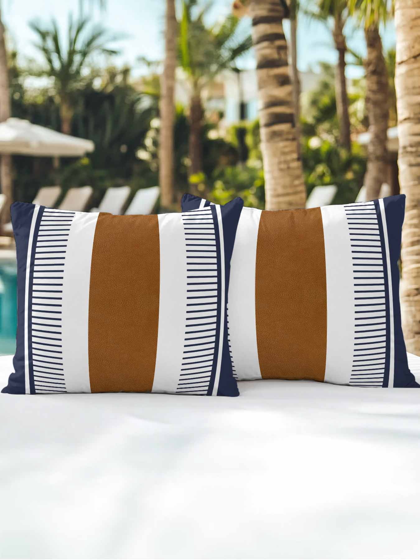 Waterproof Outdoor Throw Pillows with Inserts 18"x18" Set of 2, Modern Brown Blue Soft Decorative Pillowcases for Couch Bedroom, Boho Contemporary Geometric Striped Pillow Covers for Sofa Living Room