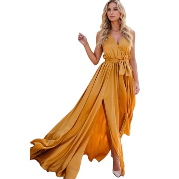 Women's Surplice Tie Waist Maxi Dress 100% Polyester Flowing Silhouette Elegant Flowy Everyday Occasion Ready Chic