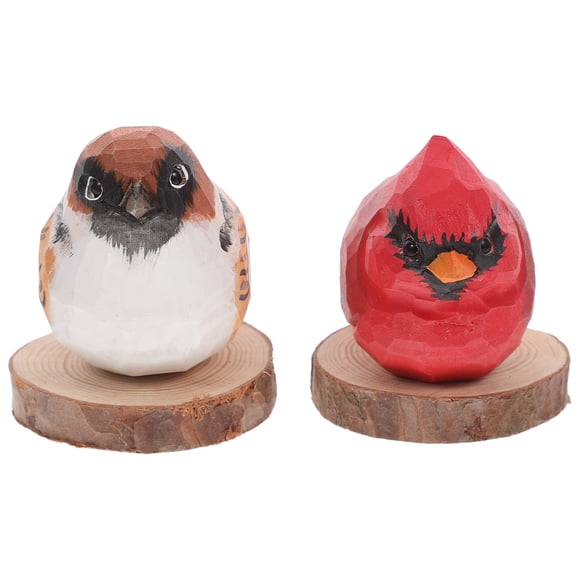 KAKOWELY 2pcs Handmade Wooden Carved Bird Figurines Small Sculpted Hand-Painted Red Cardinal Bird Statues Home Decor Ornaments,3.7X"X1.97"X1.38"