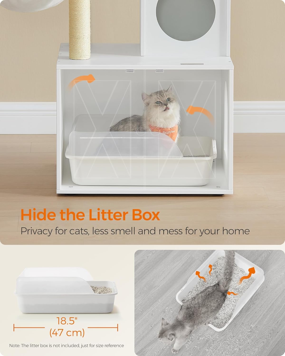 Favory Cat Tree with Litter Box Enclosure, 59-Inch Modern Cat Tower, 2-in-1 Condo with Scratching Posts, Washable Removable Cushion, Cloud White UPCT113W01