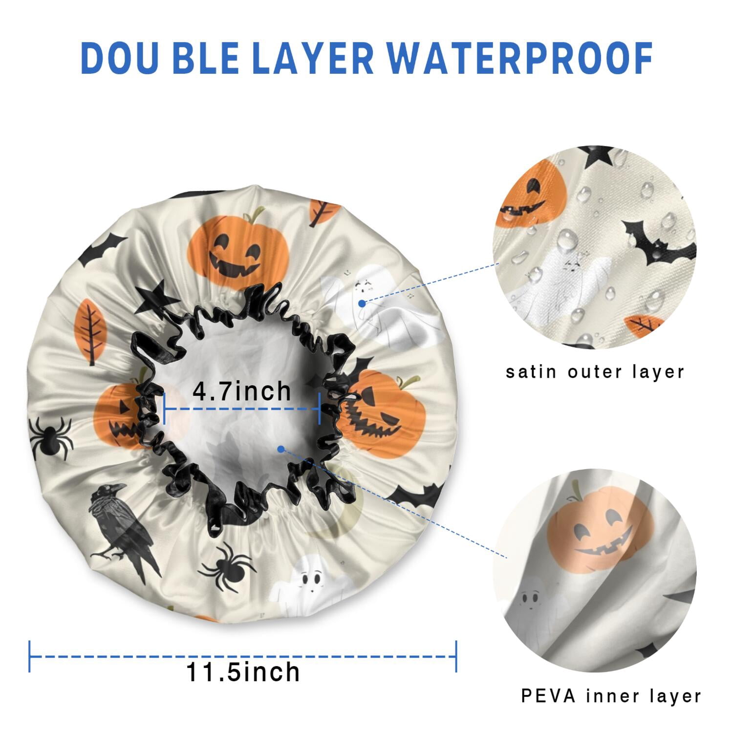 Shower Caps,Beige Halloween Pumpkins Ghosts and Bats Waterproof Shower Cap for Women 4 Pieces,Double Reusable Hair Cover for Shower PEVA Elastic Stretch Hem